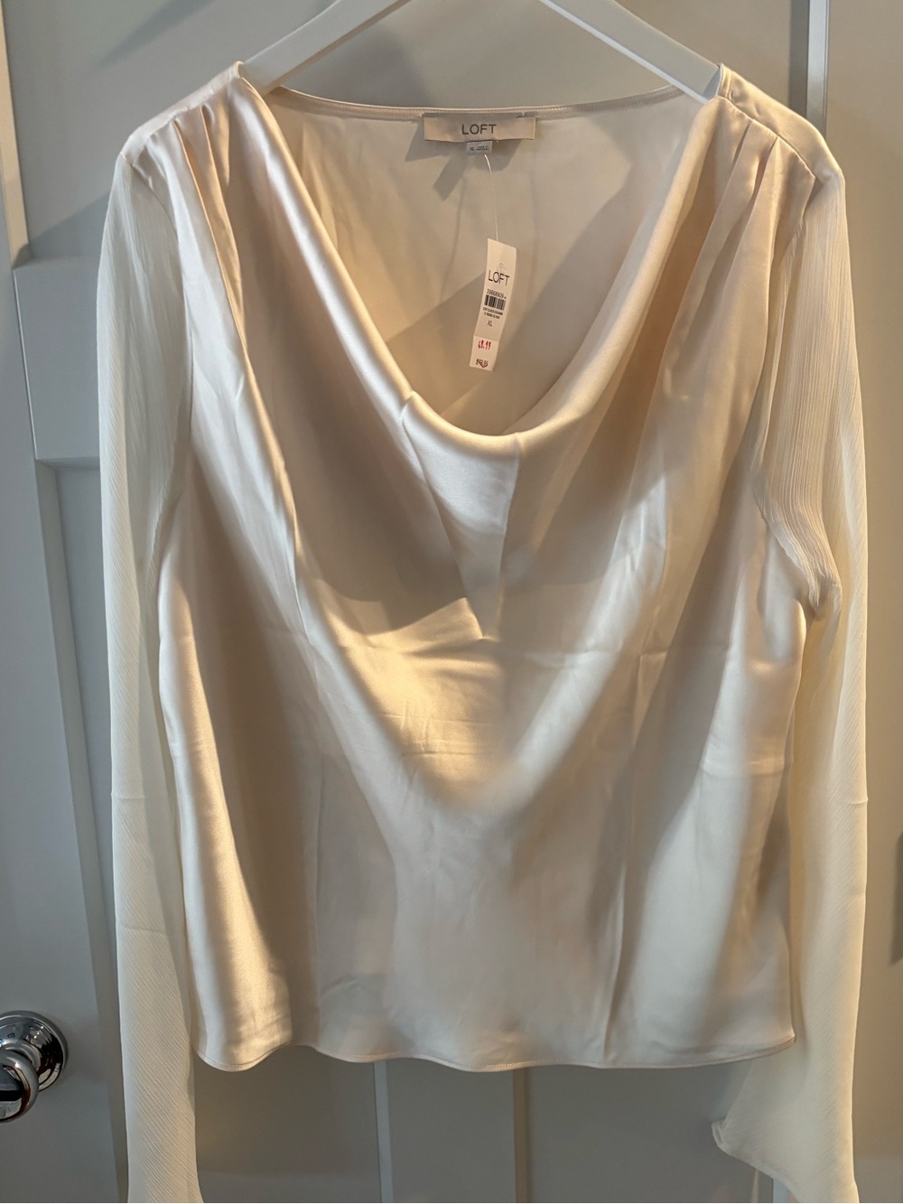 LOFT Cream Satin Cowl Neck Long Sleeve Blouse